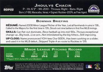 2009 Bowman Draft Picks & Prospects #BDP22 Jhoulys Chacin Back