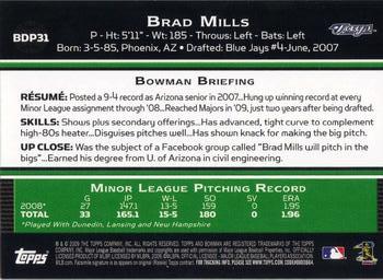 2009 Bowman Draft Picks & Prospects #BDP31 Brad Mills Back