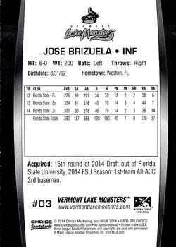 2014 Choice Vermont Lake Monsters #3 Jose Brizuela Back
