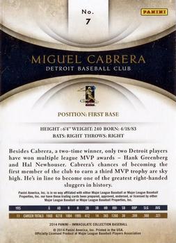 2014 Panini Immaculate Collection #7 Miguel Cabrera Back
