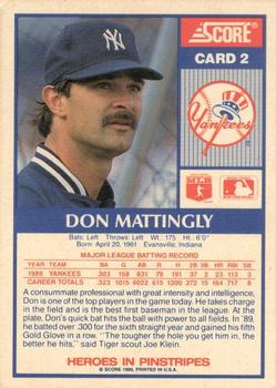1990 Score New York Yankees #2 Don Mattingly Back