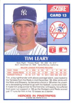 1990 Score New York Yankees #13 Tim Leary Back