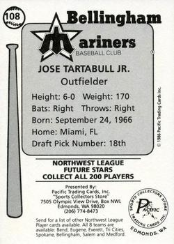 1986 Cramer Bellingham Mariners #108 Jose Tartabull Jr. Back
