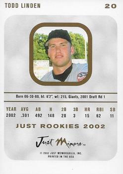 2002-03 Just Rookies #20 Todd Linden Back