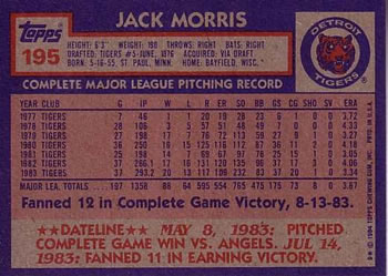 1984 Topps #195 Jack Morris Back