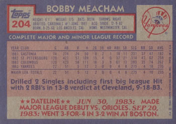 1984 Topps #204 Bobby Meacham Back