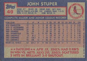 1984 Topps #49 John Stuper Back
