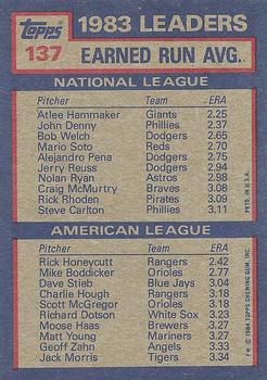 1984 Topps #137 1983 Earned Run Average Leaders (Atlee Hammaker / Rick Honeycutt) Back