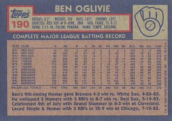 1984 Topps #190 Ben Oglivie Back