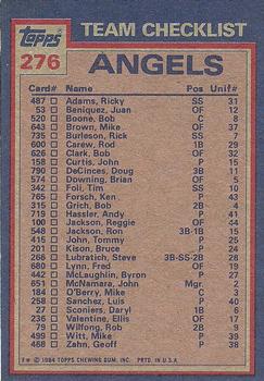 1984 Topps #276 Angels Leaders / Checklist (Rod Carew / Geoff Zahn) Back
