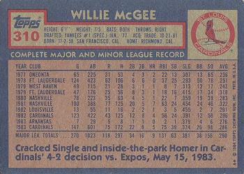 1984 Topps #310 Willie McGee Back