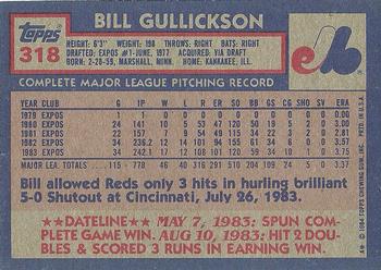 1984 Topps #318 Bill Gullickson Back