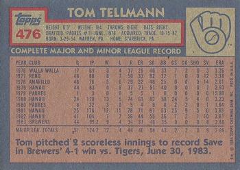 1984 Topps #476 Tom Tellmann Back