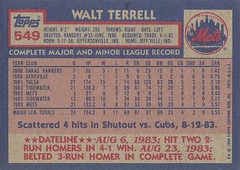 1984 Topps #549 Walt Terrell Back