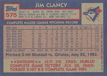 1984 Topps #575 Jim Clancy Back