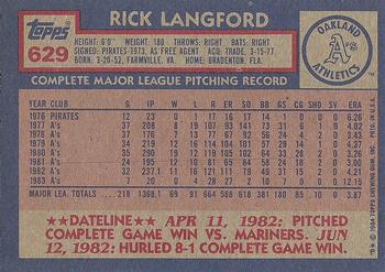 1984 Topps #629 Rick Langford Back