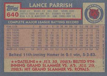 1984 Topps #640 Lance Parrish Back