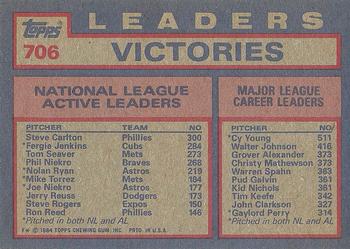 1984 Topps #706 NL Active Career Victory Leaders (Steve Carlton / Fergie Jenkins / Tom Seaver) Back