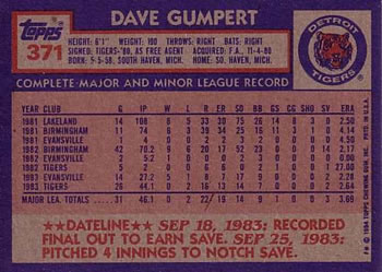 1984 Topps #371 Dave Gumpert Back