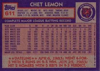 1984 Topps #611 Chet Lemon Back