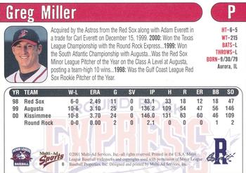 2001 Multi-Ad Round Rock Express #8 Greg Miller Back