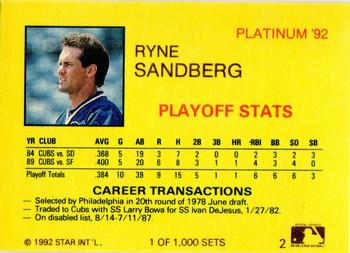 1992 Star Platinum #2 Ryne Sandberg Back
