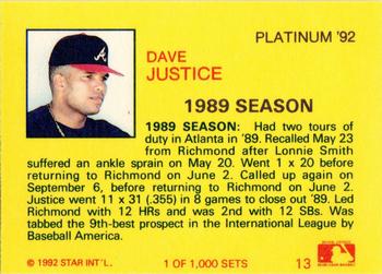 1992 Star Platinum #13 Dave Justice Back