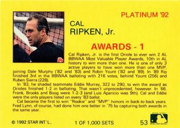 1992 Star Platinum #53 Cal Ripken Jr. Back