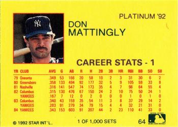 1992 Star Platinum #64 Don Mattingly Back
