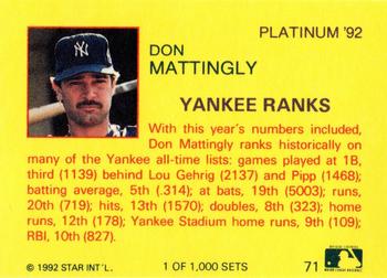 1992 Star Platinum #71 Don Mattingly Back