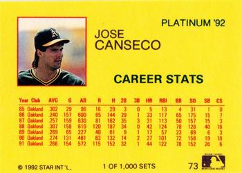 1992 Star Platinum #73 Jose Canseco Back