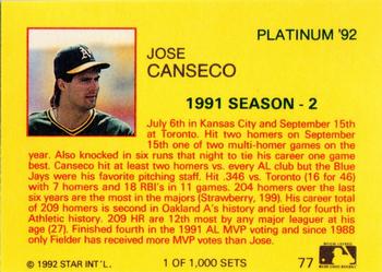 1992 Star Platinum #77 Jose Canseco Back
