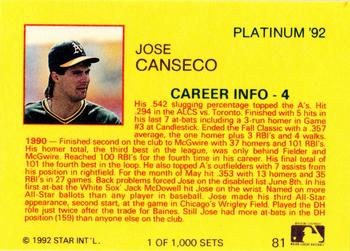 1992 Star Platinum #81 Jose Canseco Back