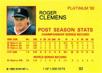 1992 Star Platinum #92 Roger Clemens Back