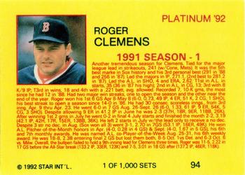 1992 Star Platinum #94 Roger Clemens Back
