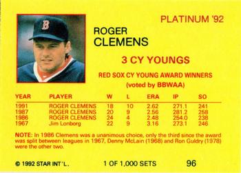 1992 Star Platinum #96 Roger Clemens Back