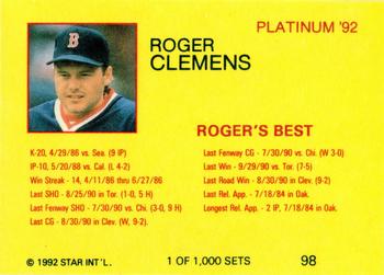 1992 Star Platinum #98 Roger Clemens Back