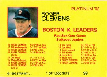 1992 Star Platinum #99 Roger Clemens Back
