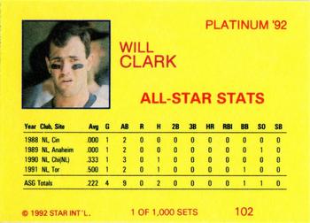 1992 Star Platinum #102 Will Clark Back