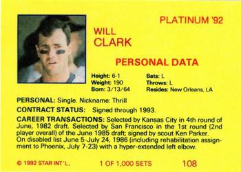 1992 Star Platinum #108 Will Clark Back