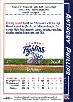 2014 Grandstand Reading Fightin Phils #24 Anthony Phillips Back