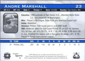 2002 MultiAd Lakewood BlueClaws #16 Andre Marshall Back