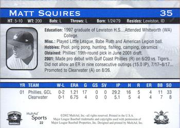 2002 MultiAd Lakewood BlueClaws #22 Matt Squires Back