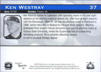 2002 MultiAd Lakewood BlueClaws #26 Ken Westray Back