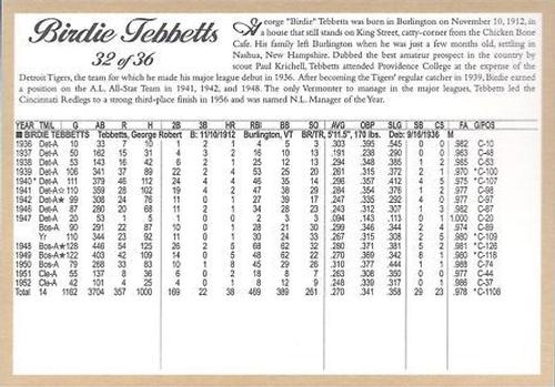 2000 Vermont Historical Society Vermonters in the Major Leagues #32 Birdie Tebbetts Back