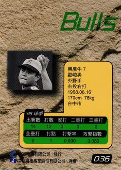 1998 CPBL T-Point Traditional Card Series #036 Chun-Nan Ou Back
