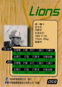 1998 CPBL T-Point Traditional Card Series #059 Wen-Sheng Lu Back