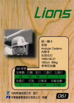 1998 CPBL T-Point Traditional Card Series #061 Andujar Cedeno Back