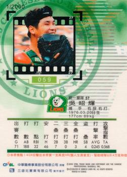 1999 CPBL #059 Chao-Hui Wu Back