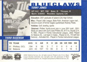 2003 MultiAd Lakewood BlueClaws #11 Terry Jones Back